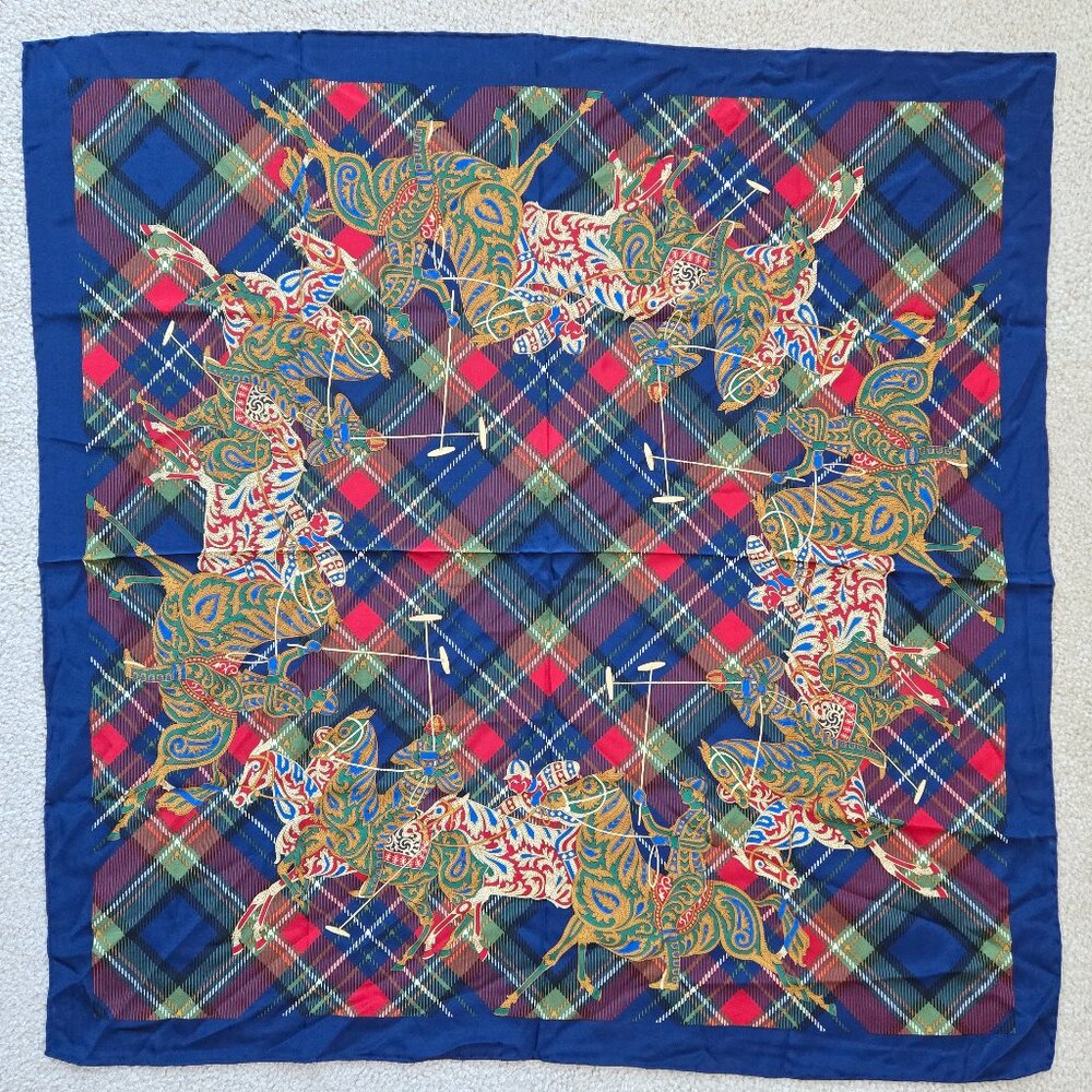 Vintage Carlisle Silk Scarf Plaid Polo Horses Equestrian Hand Rolled Preppy